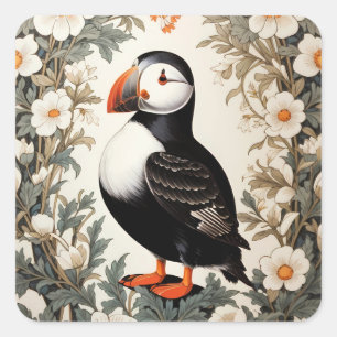 Beautiful Atlantic Puffin White Flowers Square Sticker