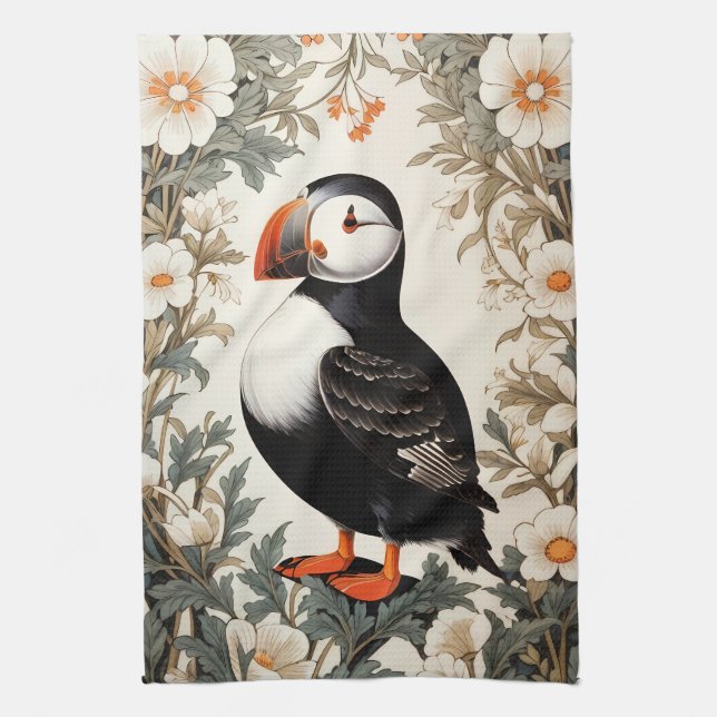 Beautiful Atlantic Puffin White Flowers Tea Towel (Vertical)
