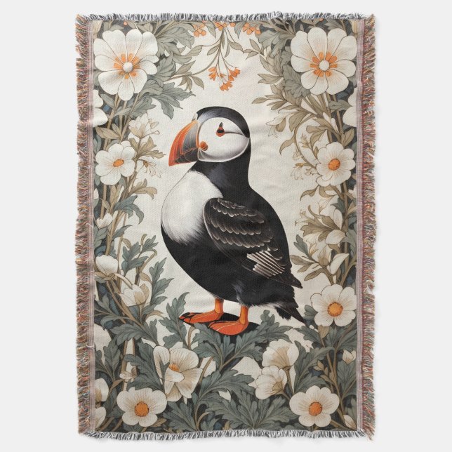 Beautiful Atlantic Puffin White Flowers Throw Blanket (Front Vertical)