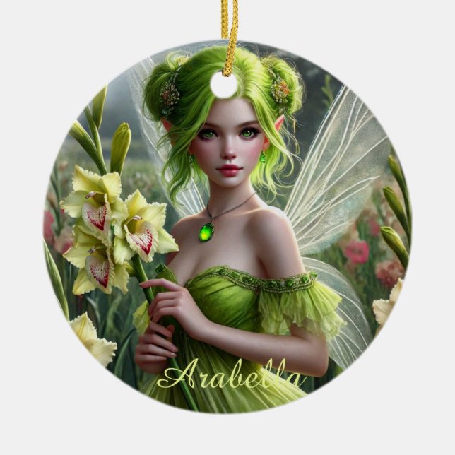 Beautiful August Fairy in Gladioli Ceramic Tree Decoration (Front)