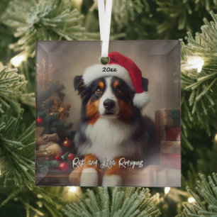 Beautiful Australian Shepherd with Santa Hat Glass Tree Decoration
