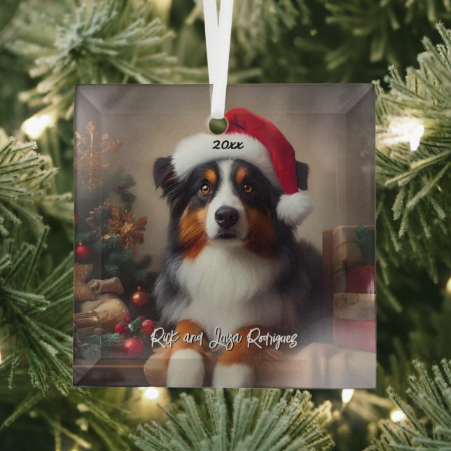 Beautiful Australian Shepherd with Santa Hat Glass Tree Decoration (Insitu)