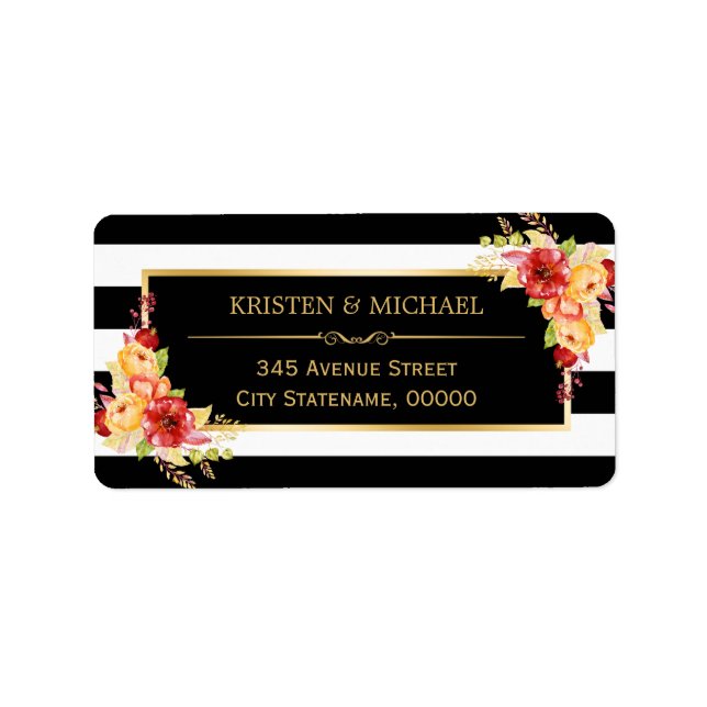 Beautiful Autumn Floral Gold Black White Stripes Label (Front)