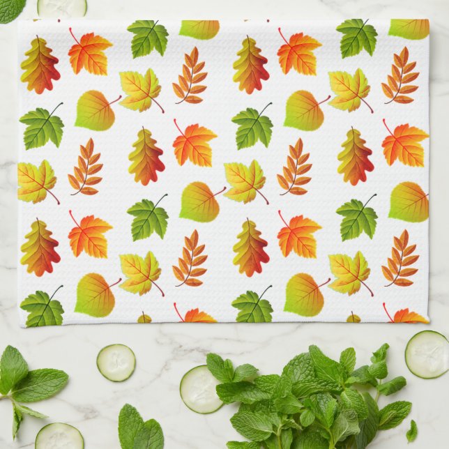 Beautiful Autumn Leaves on White Tea Towel (Folded)