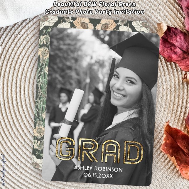 Beautiful B&W Floral Green Graduate Photo Party Invitation (Creator Uploaded)