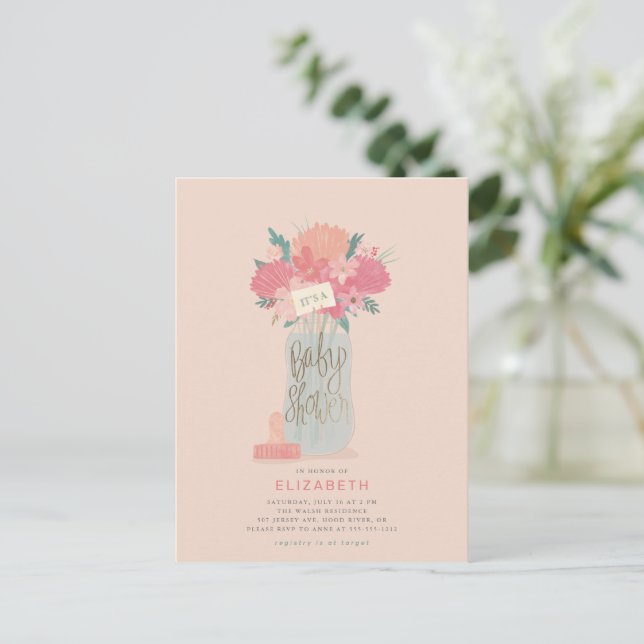 Beautiful Baby Bottle & flowers shower invitation Postcard (Standing Front)