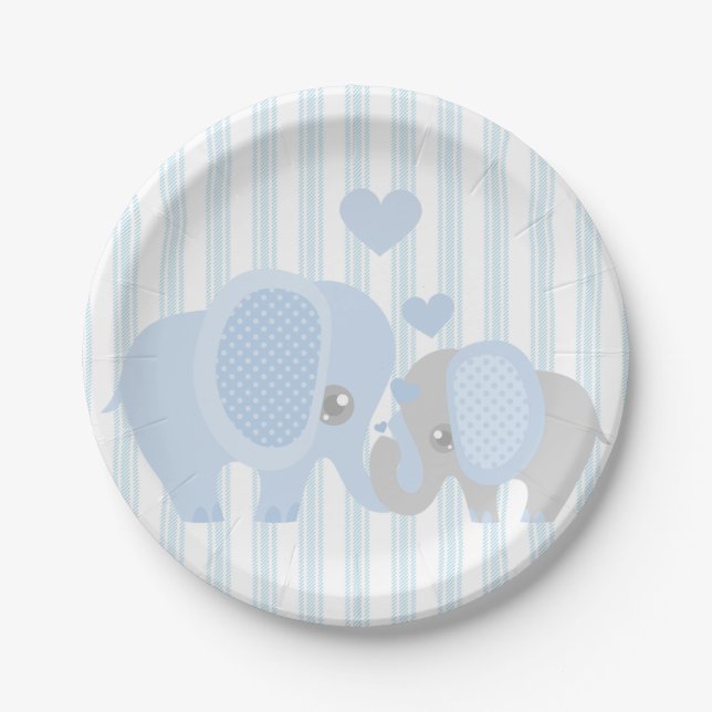 Beautiful Baby Boy Blue Elephant Paper Plate (Front)