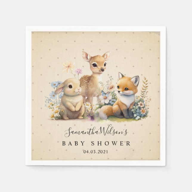 Beautiful Baby Bunny Deer Fox Floral Baby Shower N Napkin (Front)