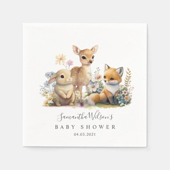Beautiful Baby Bunny Deer Fox Floral Baby Shower Napkin (Front)
