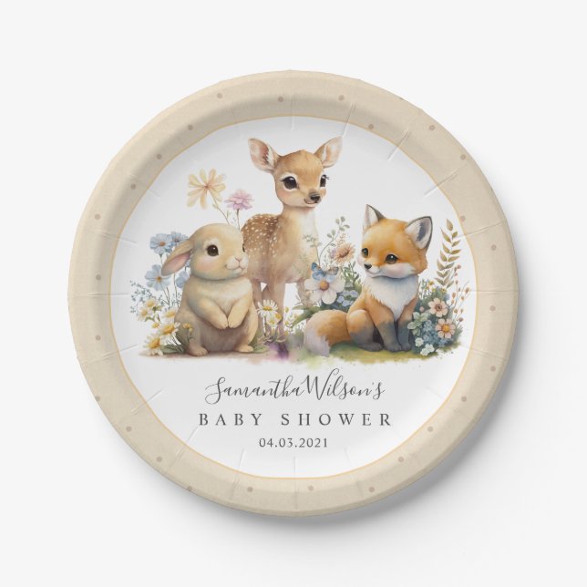 Beautiful Baby Bunny Deer Fox Floral Baby Shower Paper Plate (Front)