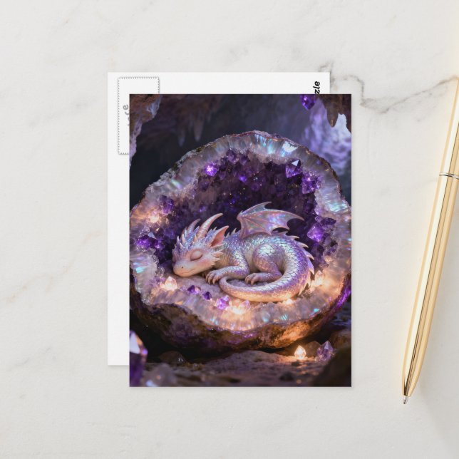  beautiful baby dragon asleep in a amethyst geode postcard (Front/Back In Situ)