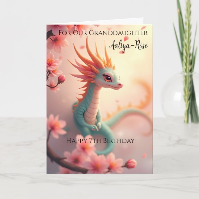 Beautiful Baby Dragon Granddaughter 7th Birthday Card (Front)