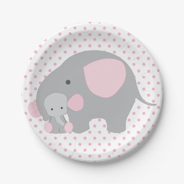 Beautiful Baby Girl Pink Elephant Paper Plate (Front)
