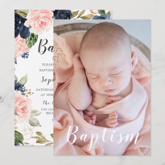 Beautiful Baby Photo Navy & Blush Floral Baptism Invitation (Front/Back)