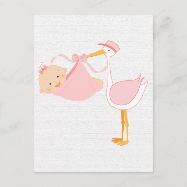 Beautiful Baby Pink Stork, It’s a Girl! Announcement Postcard (Front)