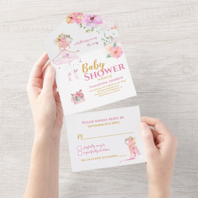 Beautiful Ballerina It's a Girl Baby Shower All In One Invitation (Tearaway)