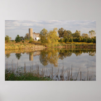 Beautiful Barn and Farm reflected in the pond Poster