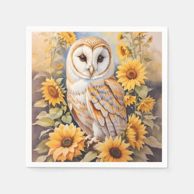 Beautiful Barn Owl And Sunflowers Napkin (Front)