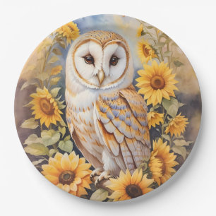 Beautiful Barn Owl And Sunflowers Paper Plate