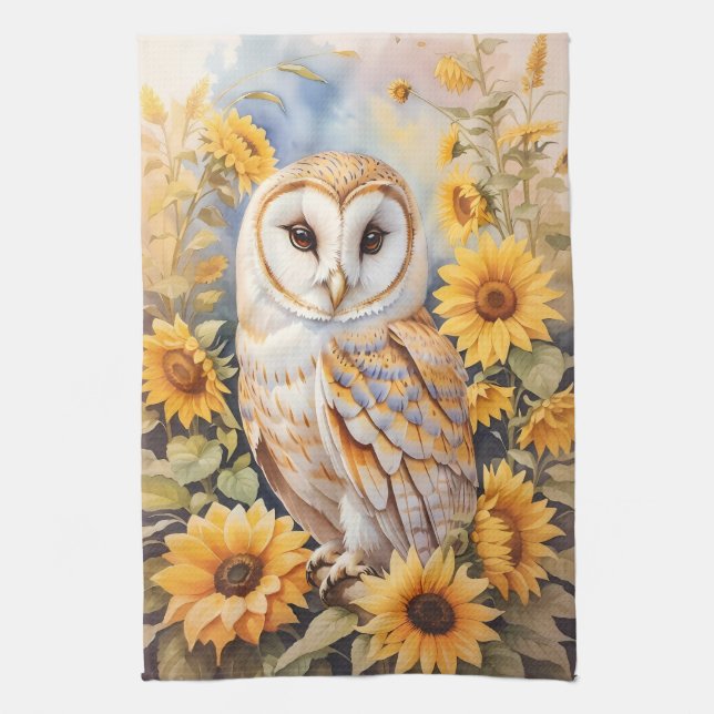 Beautiful Barn Owl And Sunflowers Tea Towel (Vertical)