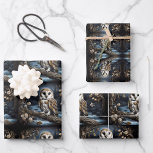 Beautiful barn owl on a branch wrapping paper sheet