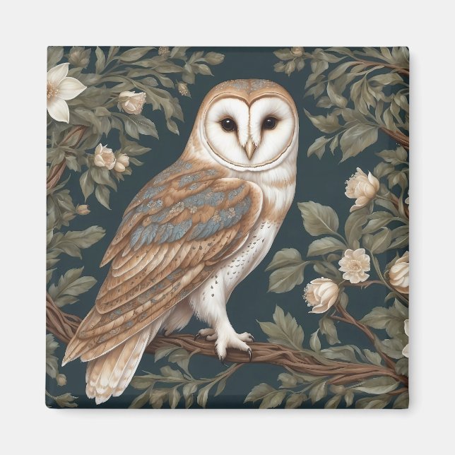Beautiful Barn Owl William Morris Inspired Magnet (Front)