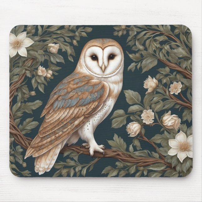 Beautiful Barn Owl William Morris Inspired Mouse Mat (Front)