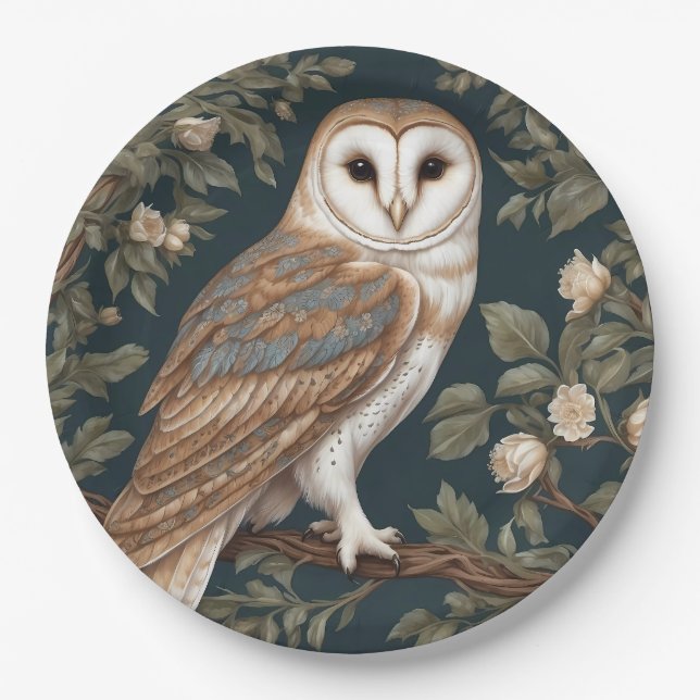 Beautiful Barn Owl William Morris Inspired Paper Plate (Front)