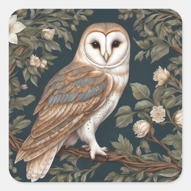 Beautiful Barn Owl William Morris Inspired Square Sticker (Front)
