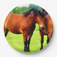 Beautiful Bay Draught Horses In Lush Green Meadow