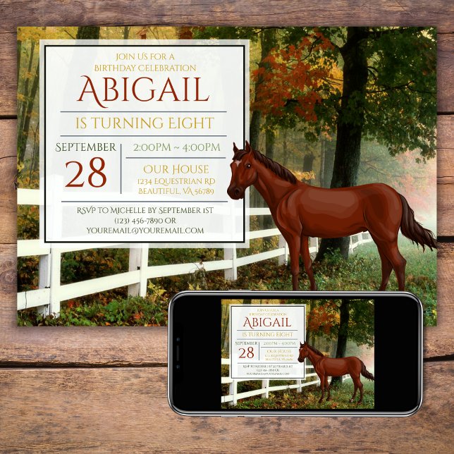 Beautiful Bay Horse Autumn Field Fall Birthday Invitation (Beautiful Bay Horse in Autumn Field Birthday Invitation)