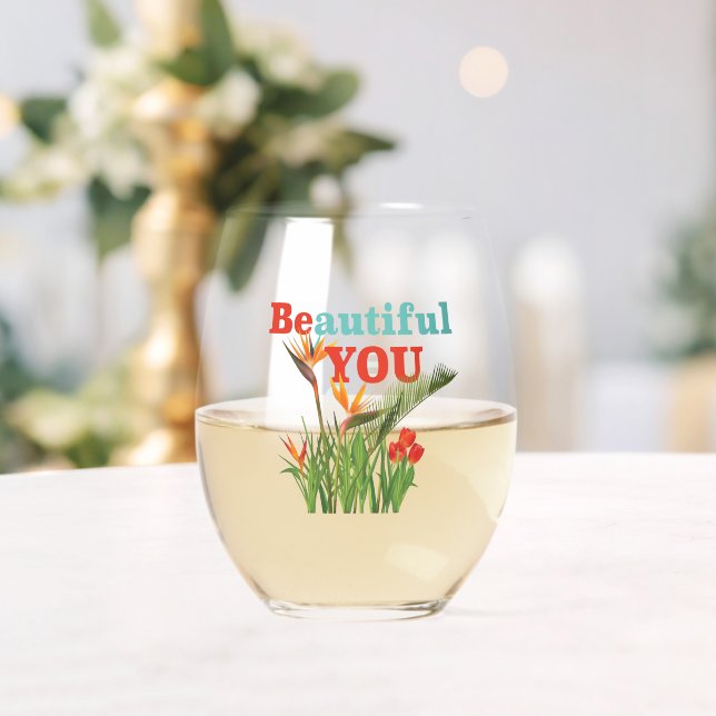 Beautiful Be You Monogram Orange Garden Floral Stemless Wine Glass (Insitu (Wedding))