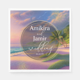 Beautiful Beach Background Glitter Gold Wedding Napkin