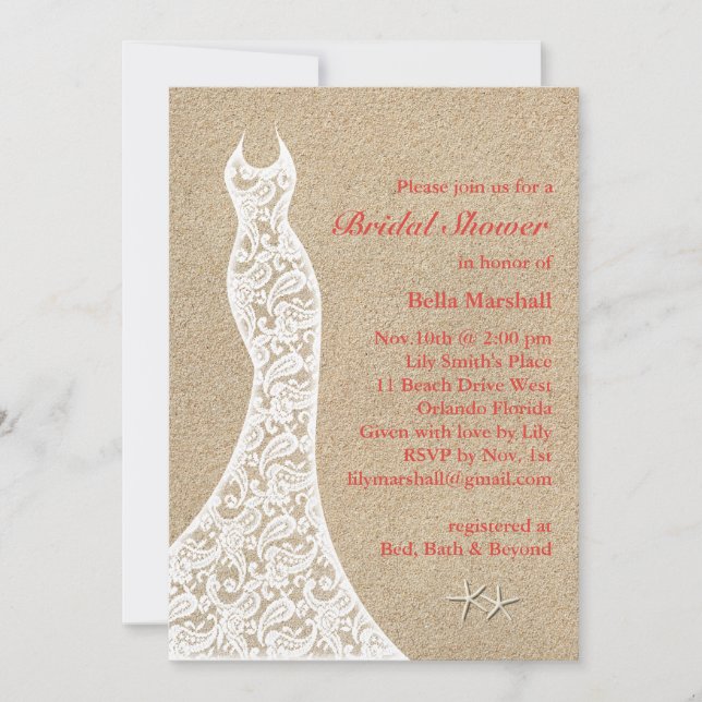 Beautiful Beach Bridal Shower Invitation in Coral (Front)
