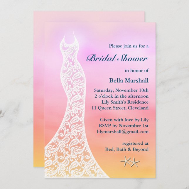 Beautiful Beach Bridal Shower Watercolor - pink Invitation (Front/Back)