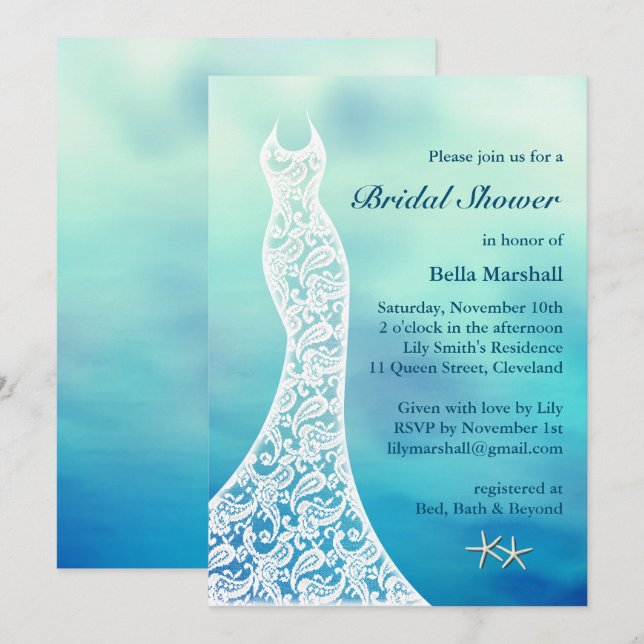 Beautiful Beach Bridal Shower Watercolor turquoise Invitation (Front/Back)