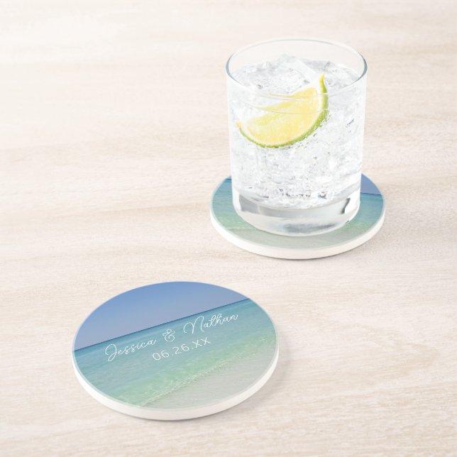  Beautiful Beach Horizon Personalised Wedding Coaster (Side)