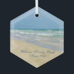 Beautiful Beach House Custom Family Keepsake Gift Glass Tree Decoration<br><div class="desc">Beautiful beach ornament with gorgeous seaside photography featuring a pretty sandpiper standing at the edge of the ocean waves on a sunny summer day. Lovely blue green water waves roll onto the sandy shore where your name is personalized in cute teal typography. A beautiful Christmas gift for a daughter, mom,...</div>