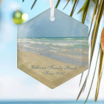 Beautiful Beach House Custom Family Keepsake Gift Glass Tree Decoration<br><div class="desc">Beautiful beach ornament with gorgeous seaside photography featuring a pretty sandpiper standing at the edge of the ocean waves on a sunny summer day. Lovely blue green water waves roll onto the sandy shore where your name is personalized in cute teal typography. A beautiful Christmas gift for a daughter, mom,...</div>