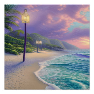 Beautiful Beach Ocean Waves Night Clouds Poster