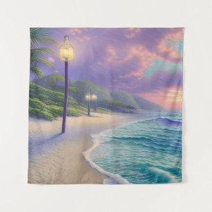 Beautiful Beach Ocean Waves Night Clouds Tapestry