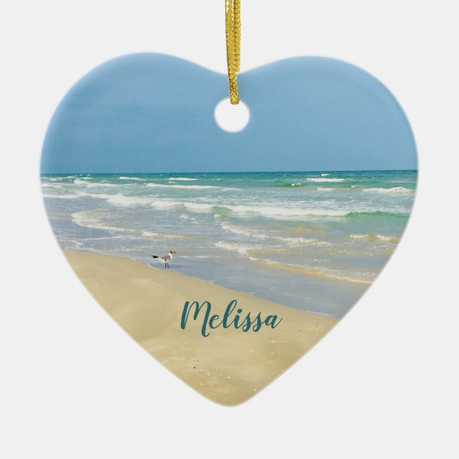 Beautiful Beach Photo Personalised Heart Christmas Ceramic Tree Decoration (Front)