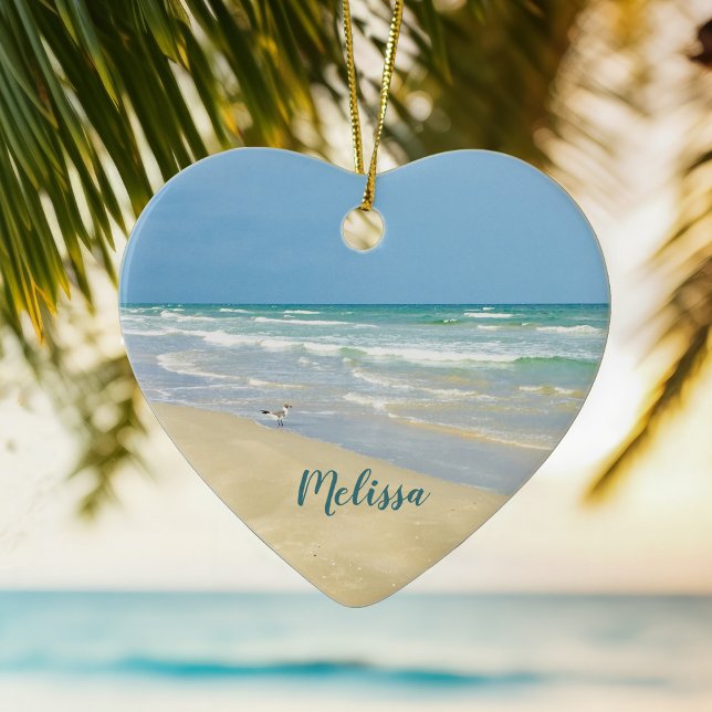 Beautiful Beach Photo Personalised Heart Christmas Ceramic Tree Decoration (Creator Uploaded)