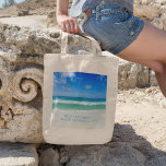 Beautiful Beach Photography Family Reunion Custom Tote Bag<br><div class="desc">A beautiful ocean photograph taken in the ideal vacation destination of Destin, Florida makes a pretty personalised beach vacation tote bag. The gorgeous green waters of Sandestin wash up to the sandy seashore underneath serene blue skies to make the perfect scenic family reunion seadie photo keepsake for your tropical island...</div>