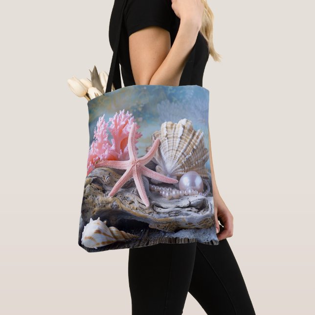 Beautiful Beach Pink Coral Seashells Pearls Tote Bag (Close Up)
