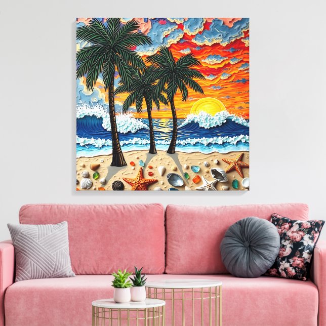 Beautiful Beach Scene with Palm Trees Canvas Print (Insitu(LivingRoom))