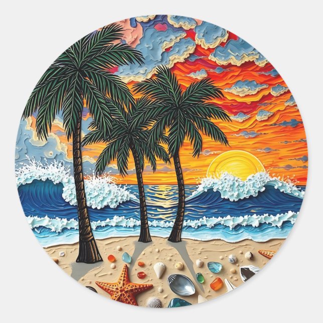 Beautiful Beach Scene with Palm Trees Classic Round Sticker (Front)