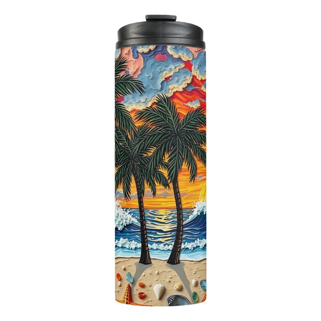 Beautiful Beach Scene with Palm Trees   Thermal Tumbler (Front)