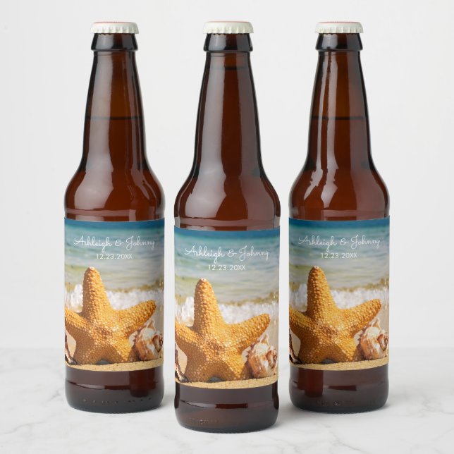 Beautiful Beach Scene with Starfish Wedding Beer Bottle Label (Bottles)