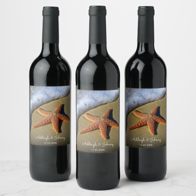 Beautiful Beach Scene with Starfish Wedding Wine L Label (Bottles)